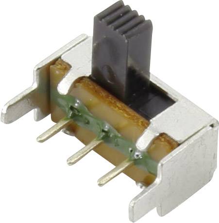 Drei-poliger Schiebeschalter mit schwarzem Schieberegler, montiert auf einem Metallrahmen. Geeignet für elektronische Schaltungen.