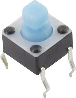 Miniatur-Taster mit blauem Druckknopf und vier Metallschweißbeinen, geeignet für elektronische Schaltkreise und Gerätebedienfelder.