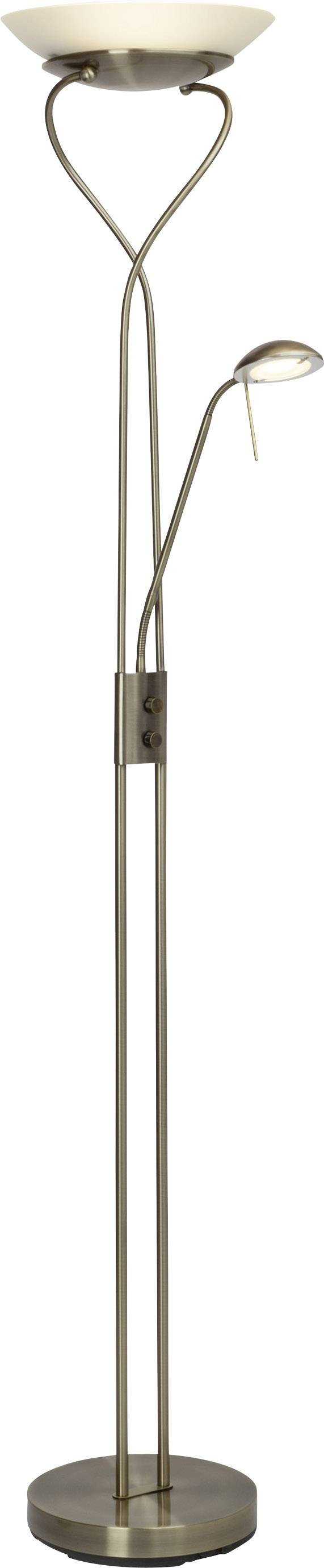 Stehlampe mit zwei Leuchten: eine nach oben gerichtete, größere Schale und eine kleinere, flexible Leselampe, beide in Metallständer.