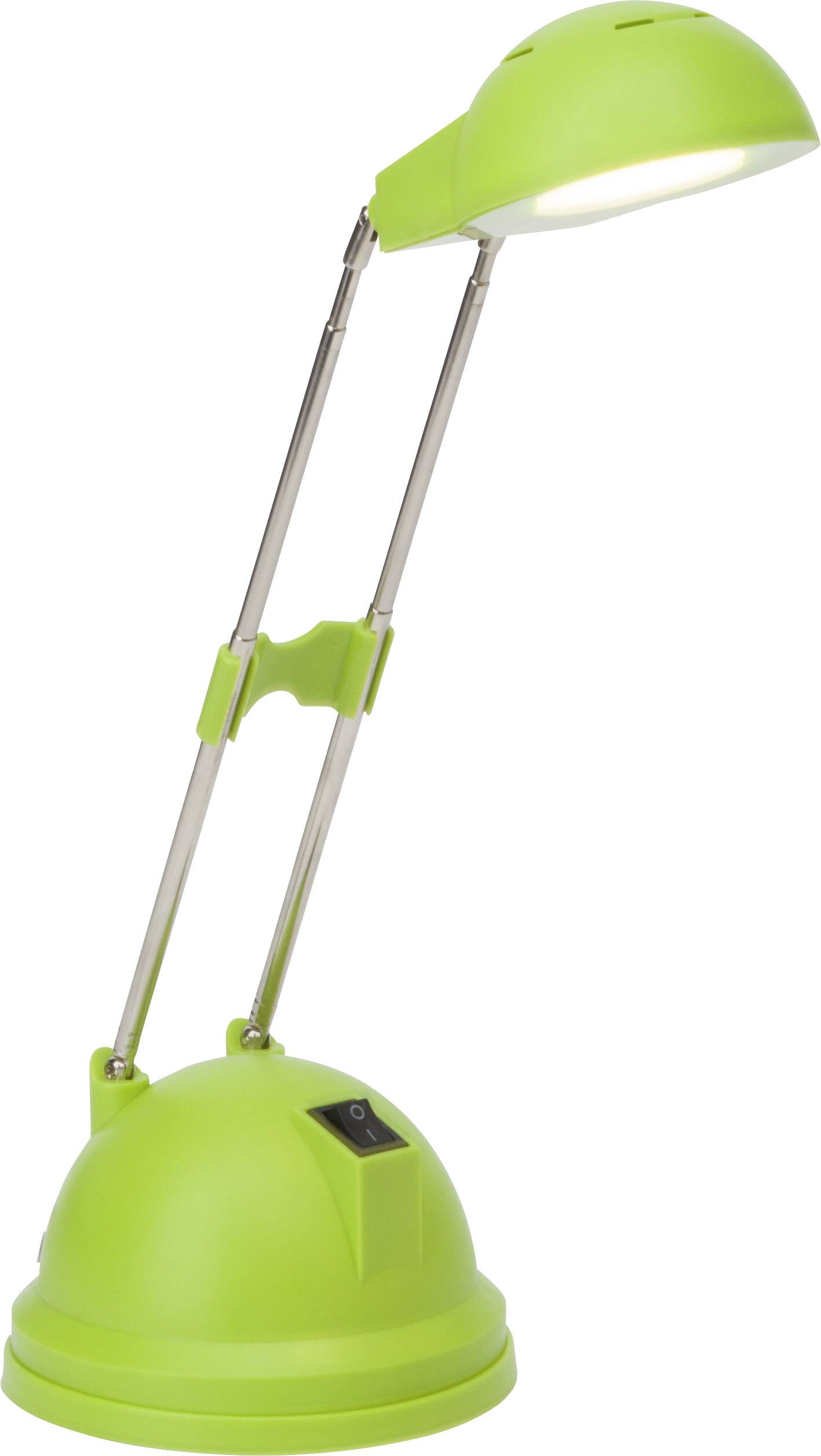 Grüne Schreibtischlampe mit flexiblem Arm und rundem Sockel; der Schalter befindet sich an der Vorderseite des Sockels.