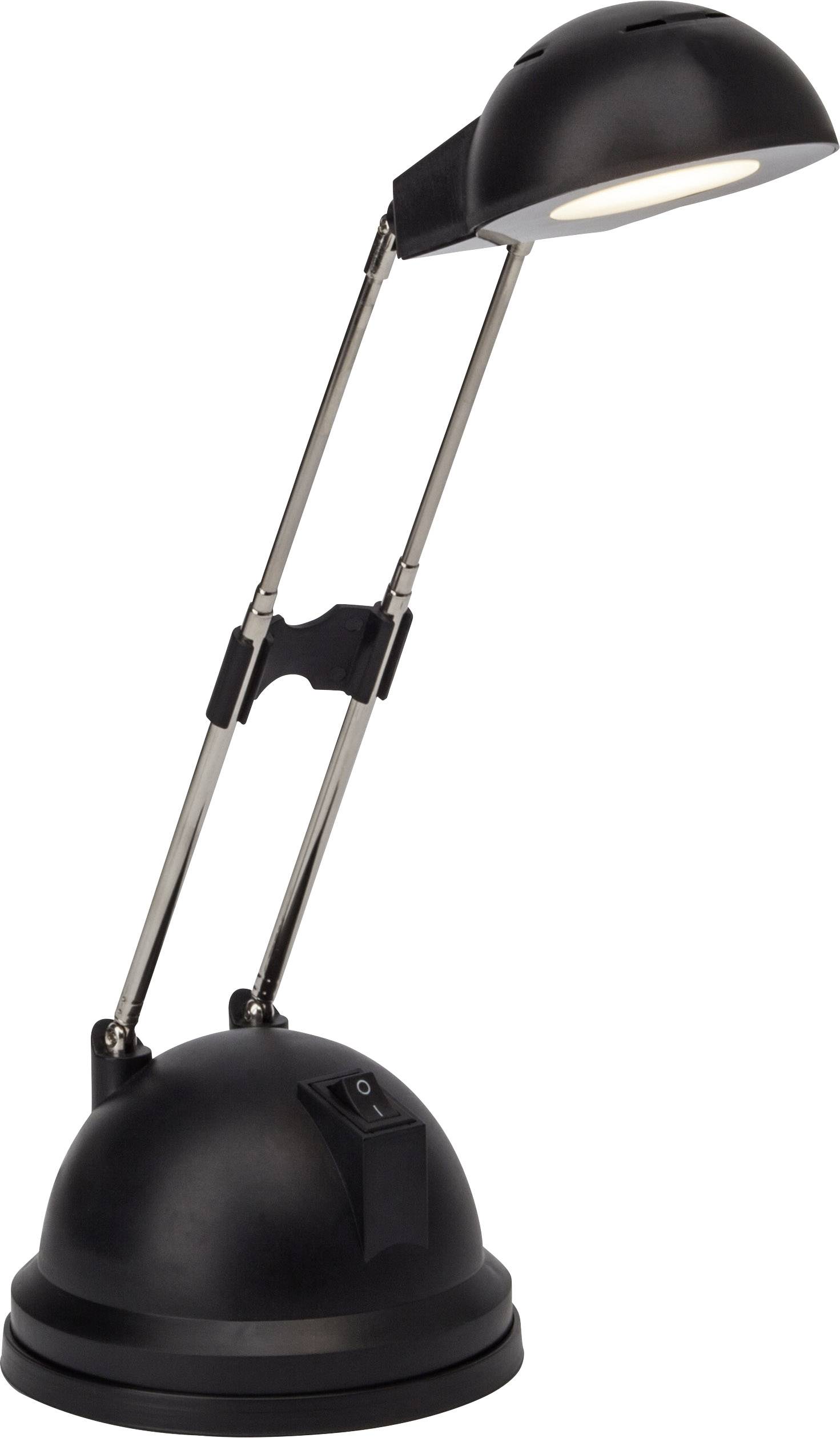 Schwarze, moderne Tischlampe mit verstellbarem Arm und rundem Sockel, eignet sich zum Lesen oder Arbeiten in gut beleuchteten Umgebungen.