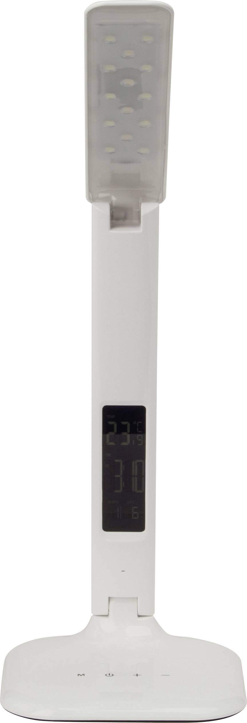 Weiße LED-Schreibtischlampe mit digitalem Display in der Mitte des Ständers.