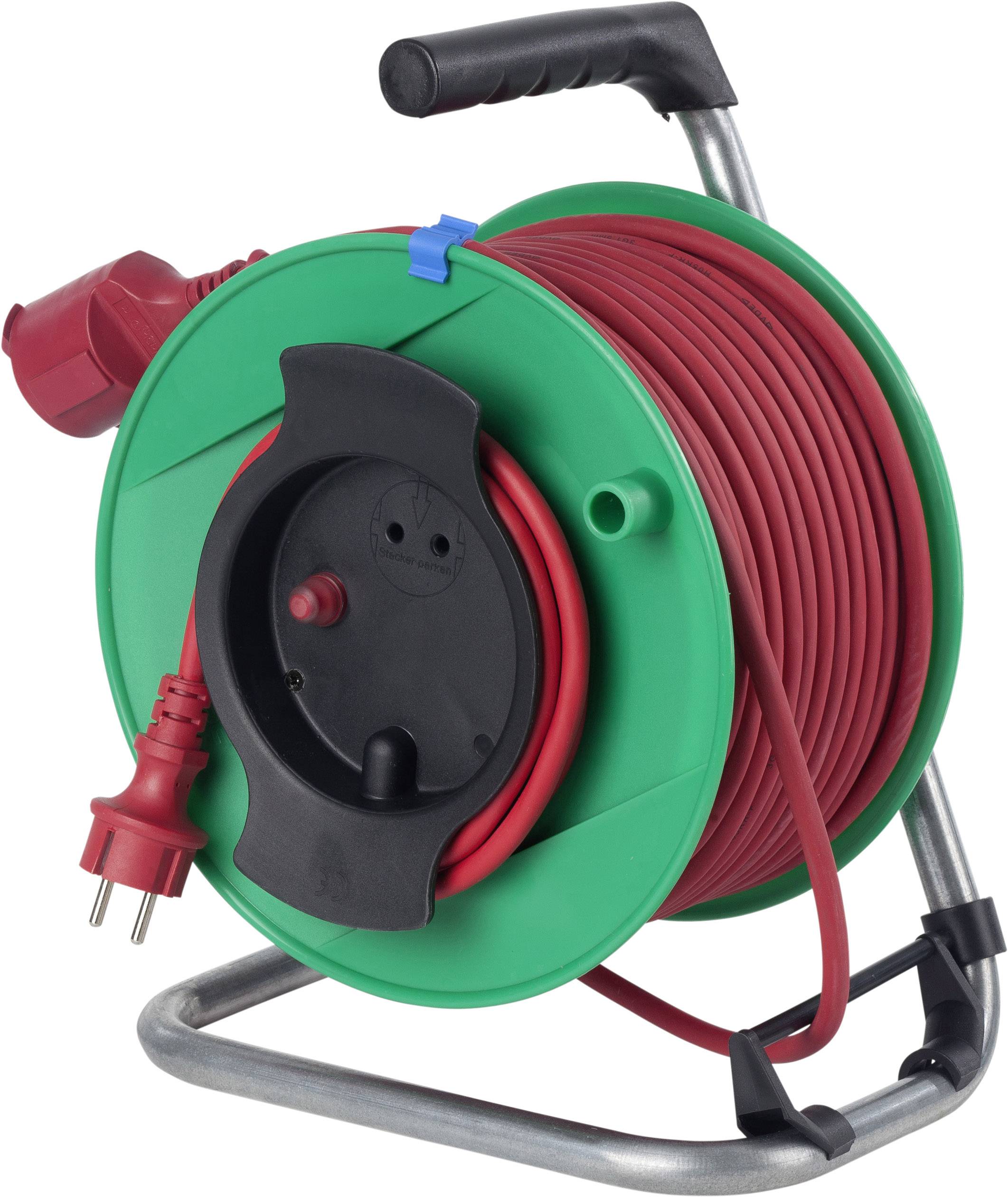 Grüne Kabeltrommel mit rotem Kabel, schwarzem Griff und Steckdose.