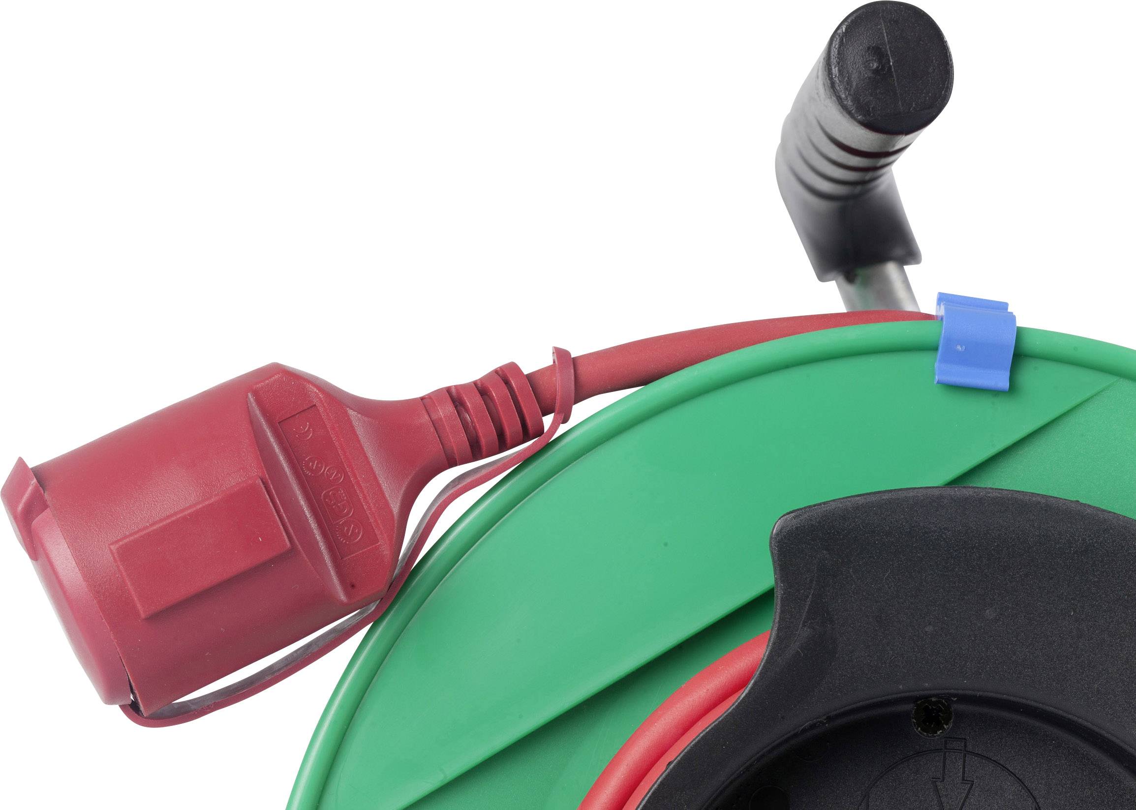 Ein grünes Kabeltrommelgehäuse mit rotem Stromkabel und schwarzem Griff, geeignet für mobile Stromversorgungslösungen.