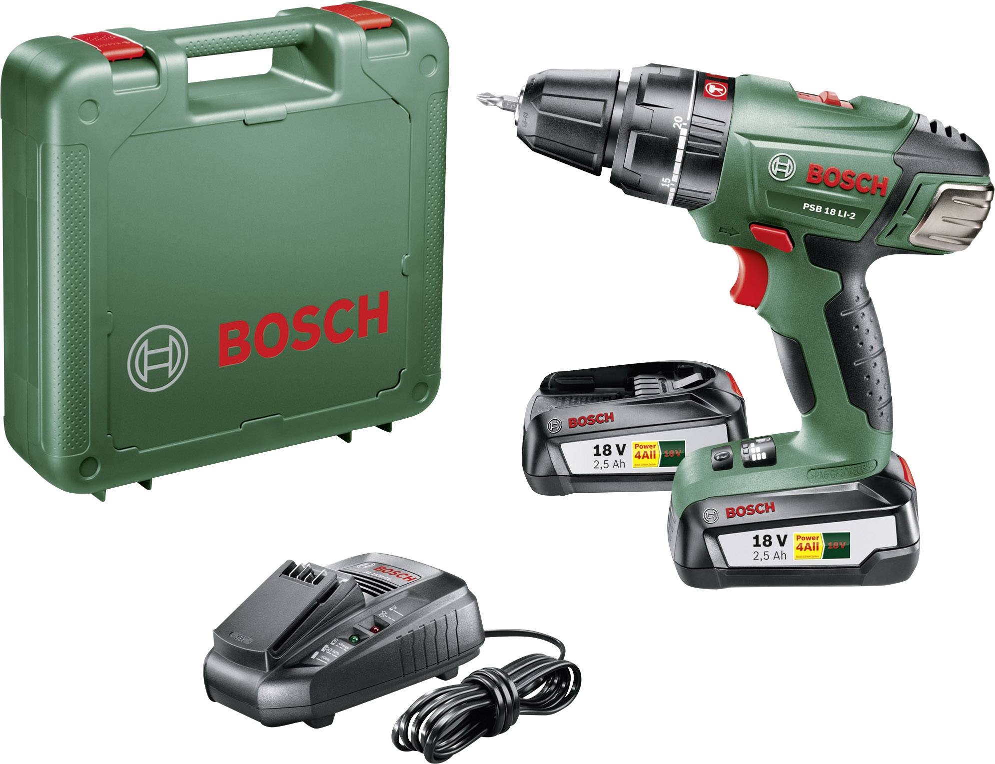 Bosch Home and Garden PSB 18 LI-2 2-Gang-Akku-Schlagbohrschrauber inkl. 2. Akku, inkl. Ladegerät, inkl. Koffer