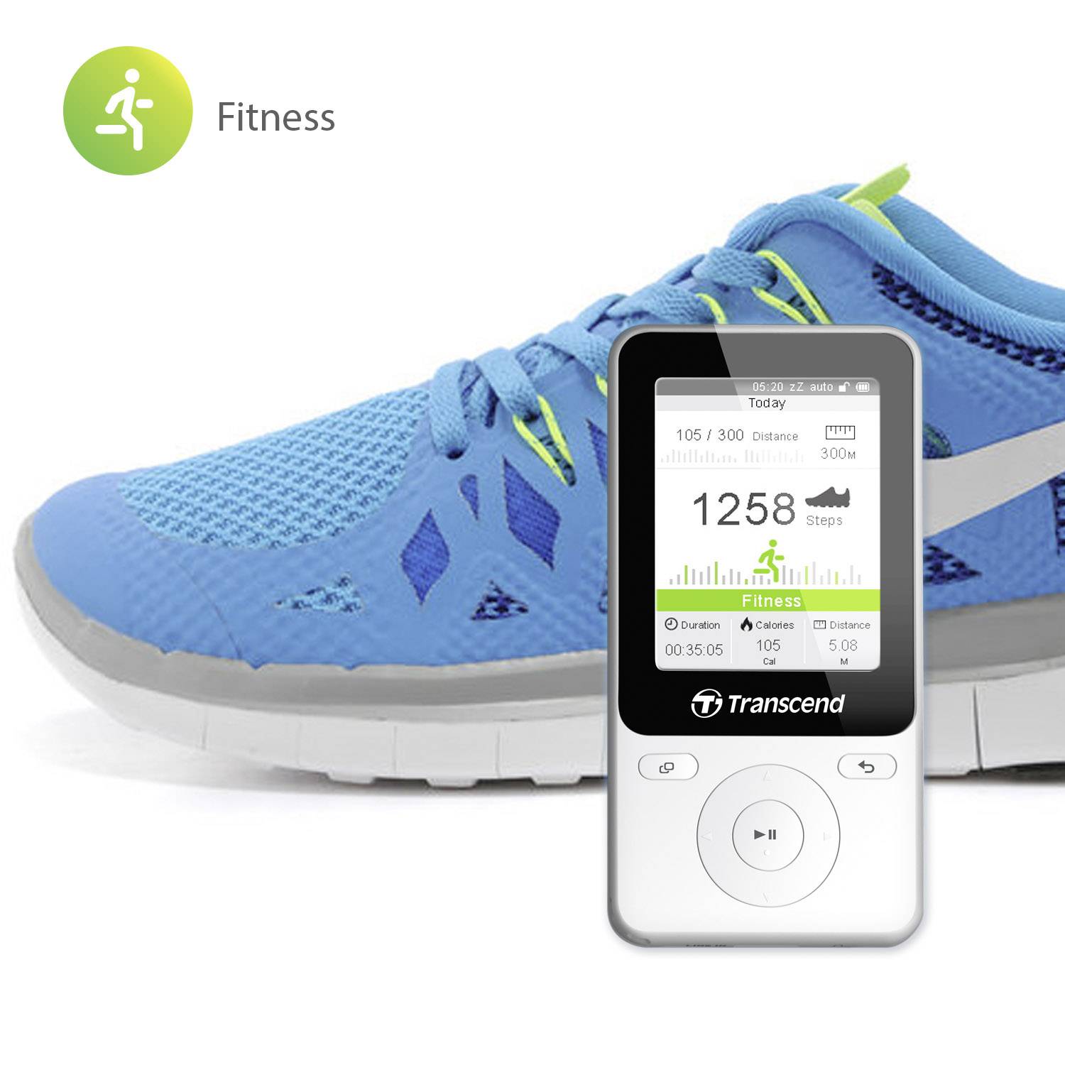 Transcend MP710 MP3-Player, MP4-Player 8 GB Weiß Fitnesstracker, FM Radio, Schrittzähler, Sprachaufnahme, eBook-Funktion