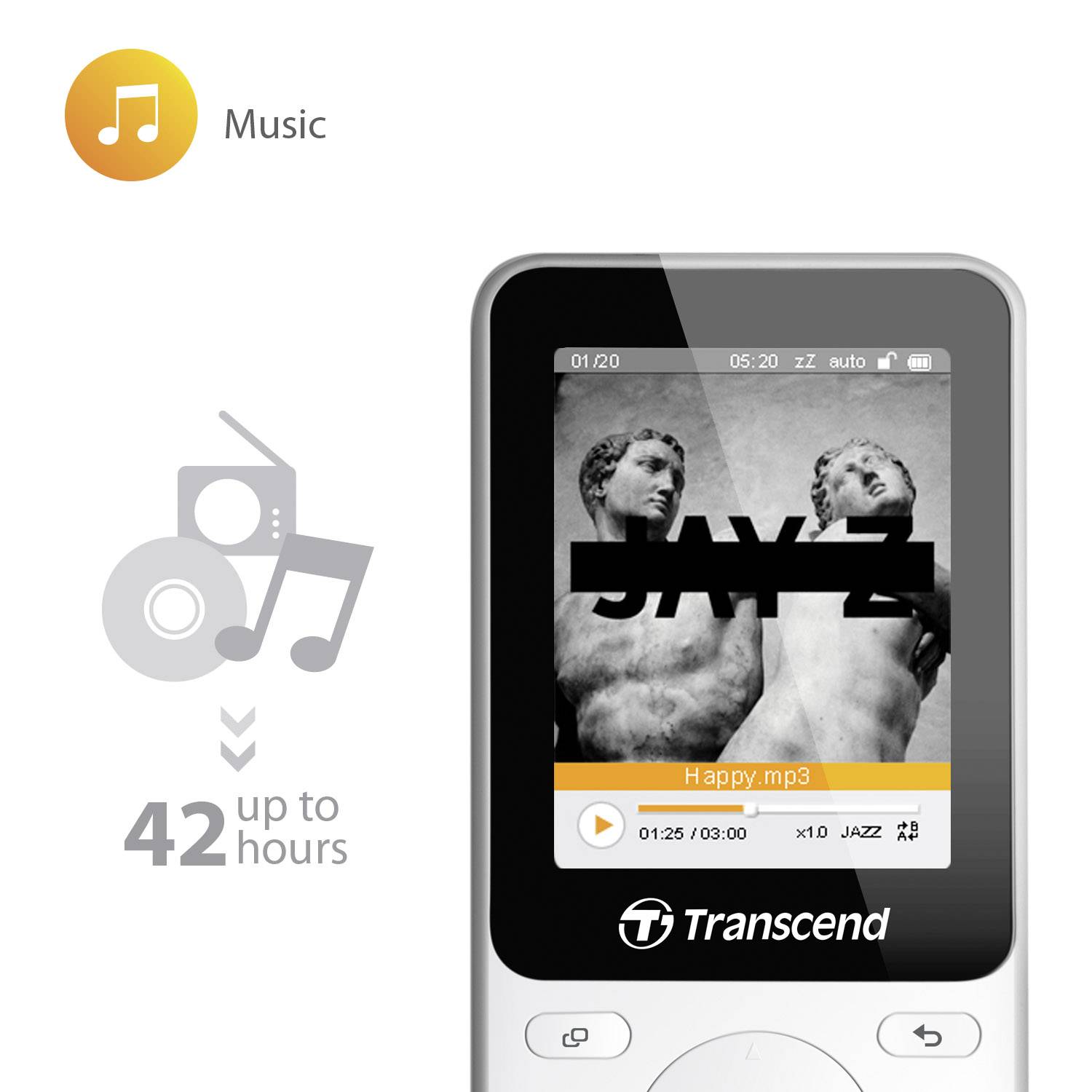 Transcend MP710 MP3-Player, MP4-Player 8 GB Weiß Fitnesstracker, FM Radio, Schrittzähler, Sprachaufnahme, eBook-Funktion