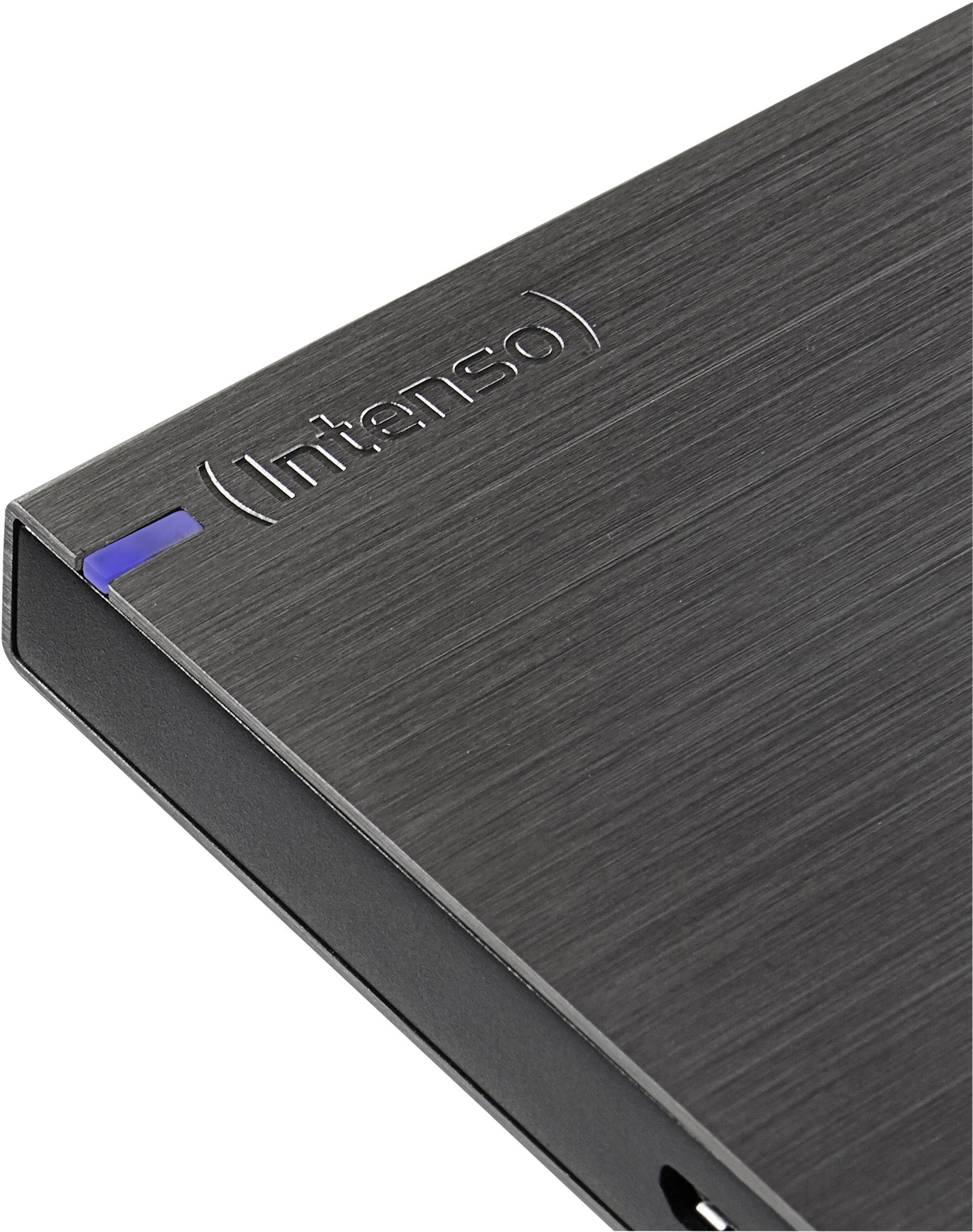 Externe Festplatte von Intenso, schwarzes Gehäuse mit Metalloberfläche, blauer LED-Indikator.