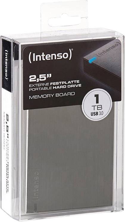 Externe 2,5-Zoll-Festplatte von Intenso mit 1 TB Speicher, USB 3.0-Anschluss, in Verpackung.