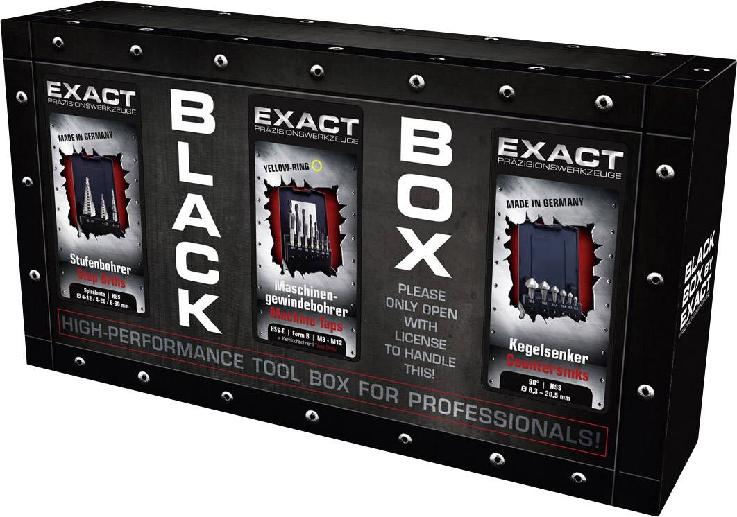 'EXACT Black Box' Werkzeugset-Verpackung mit Bohrern, erhältlich mit Lizenz. Enthält Stufenbohrer, Maschinengewindebohrer und Kegelsenker.