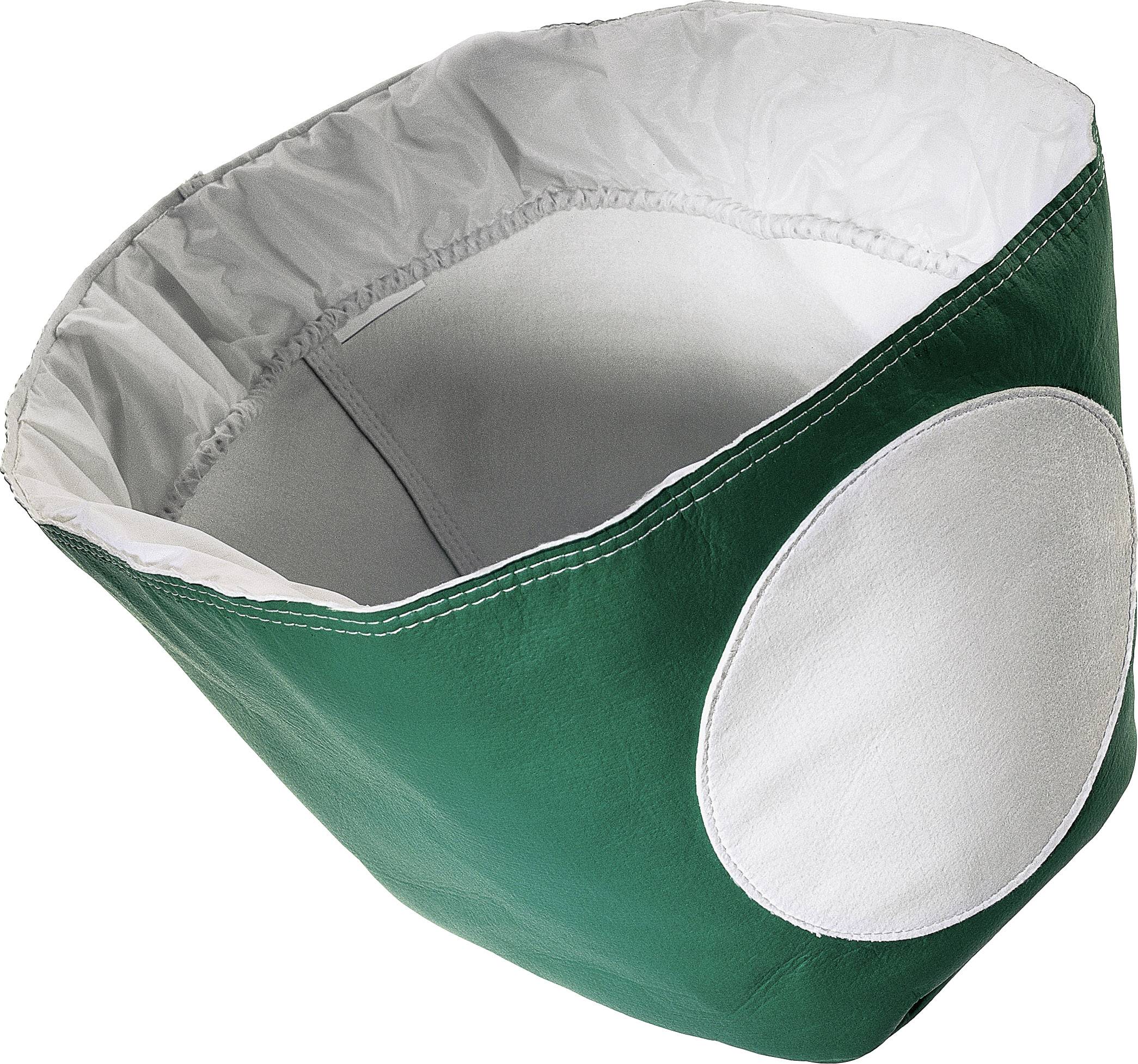 Ein grüner Sandsack mit weißem Kreis, geöffnet und bereit zum Befüllen. Hauptsächlich zur Stabilisierung bei Bauarbeiten verwendet.