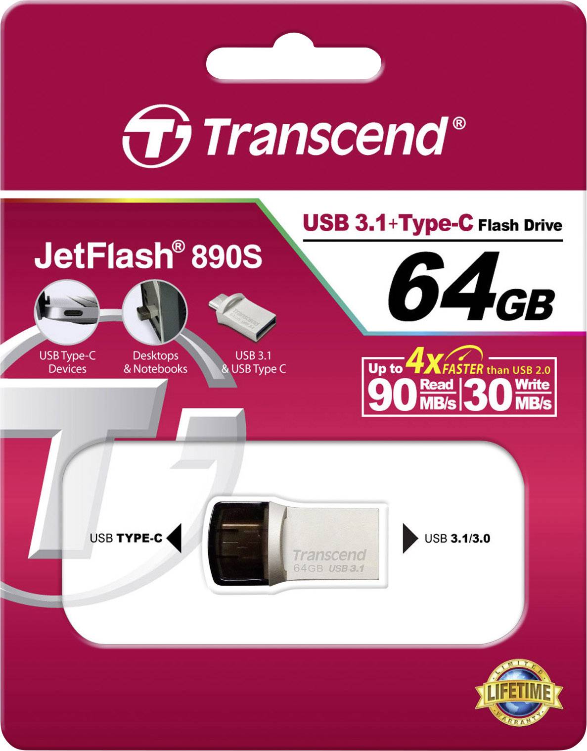 Transcend JetFlash® 890 USB-Zusatzspeicher Smartphone/Tablet Silber 64GB USB-A (USB 3.2 Gen 2), USB-C®