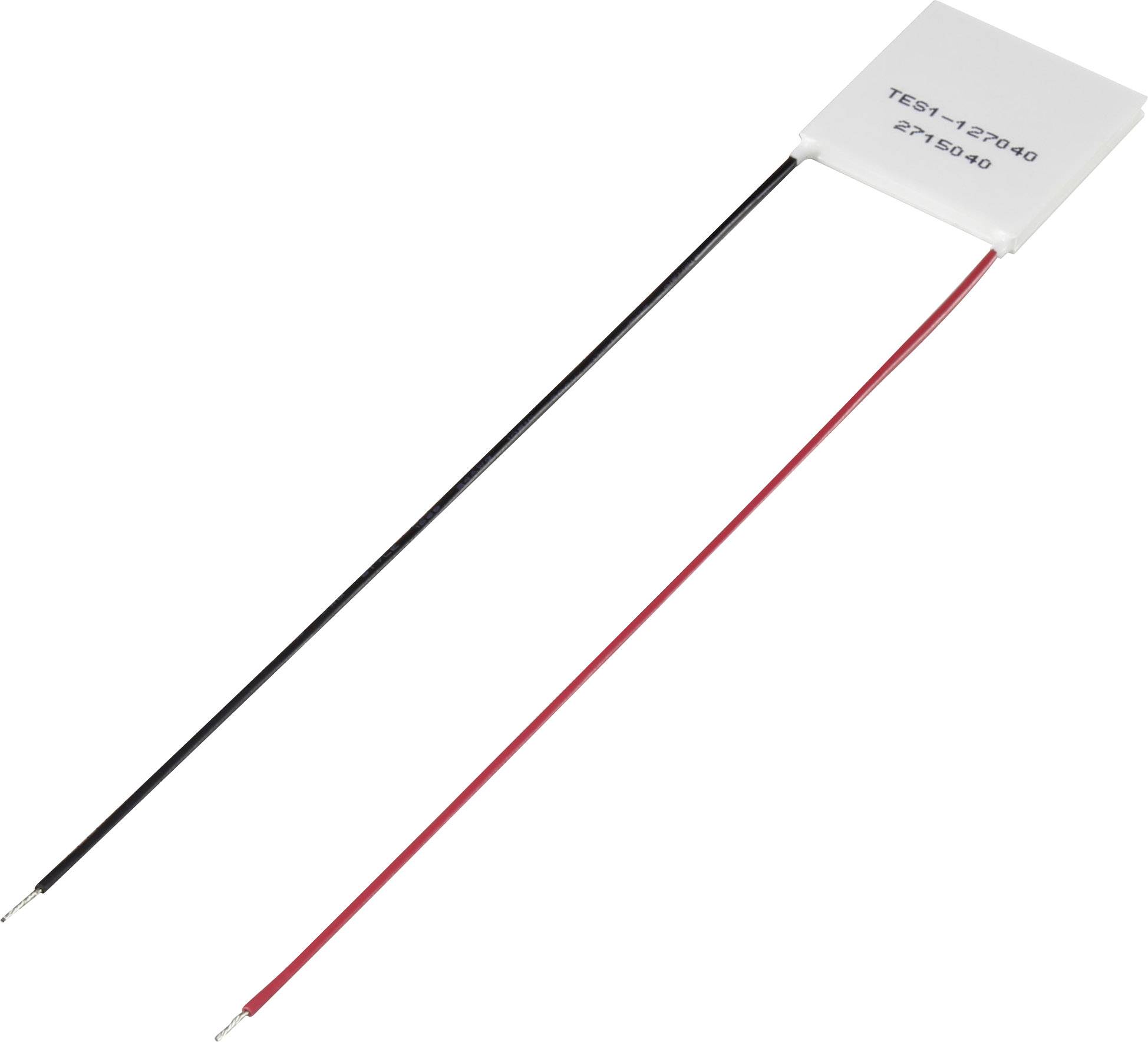 Ein Peltier-Element mit einem weißen, rechteckigen Körper und zwei Drähten, einem roten für positive und einem schwarzen für negative Anschlüsse.