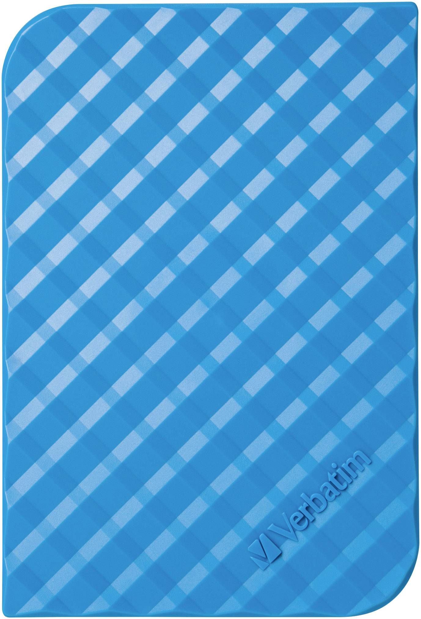Blaue externe Festplatte von Verbatim mit diagonalen Streifenmuster.