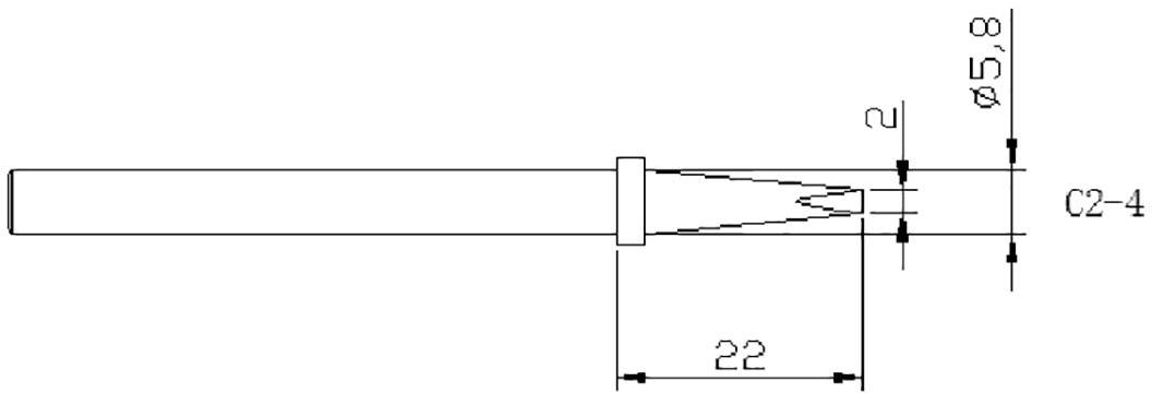 Technische Zeichnung eines Stifts: Länge 22 mm, Spitze mit Durchmesser 5,8 mm. Zusätzliche Maßangaben: 2 mm, C2-4.