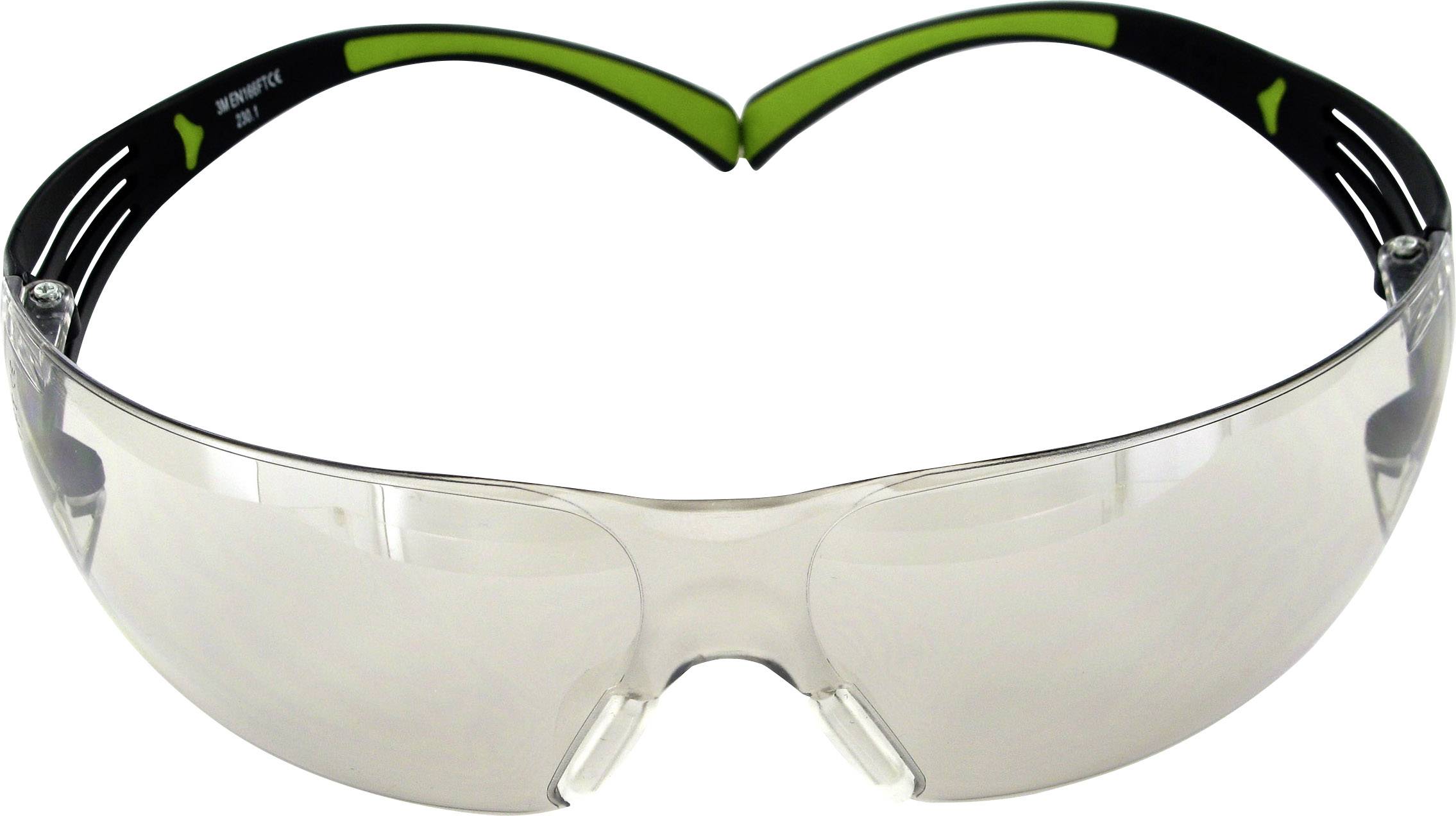 Schutzbrille mit transparenten Gläsern und schwarzem, grün akzentuiertem Rahmen, geeignet für Sicherheitsanwendungen.