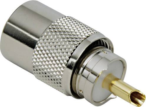 Ein Koaxialstecker mit Metallgehäuse und goldener Spitze, geeignet für den Anschluss von Antennenkabeln oder elektronischen Geräten.