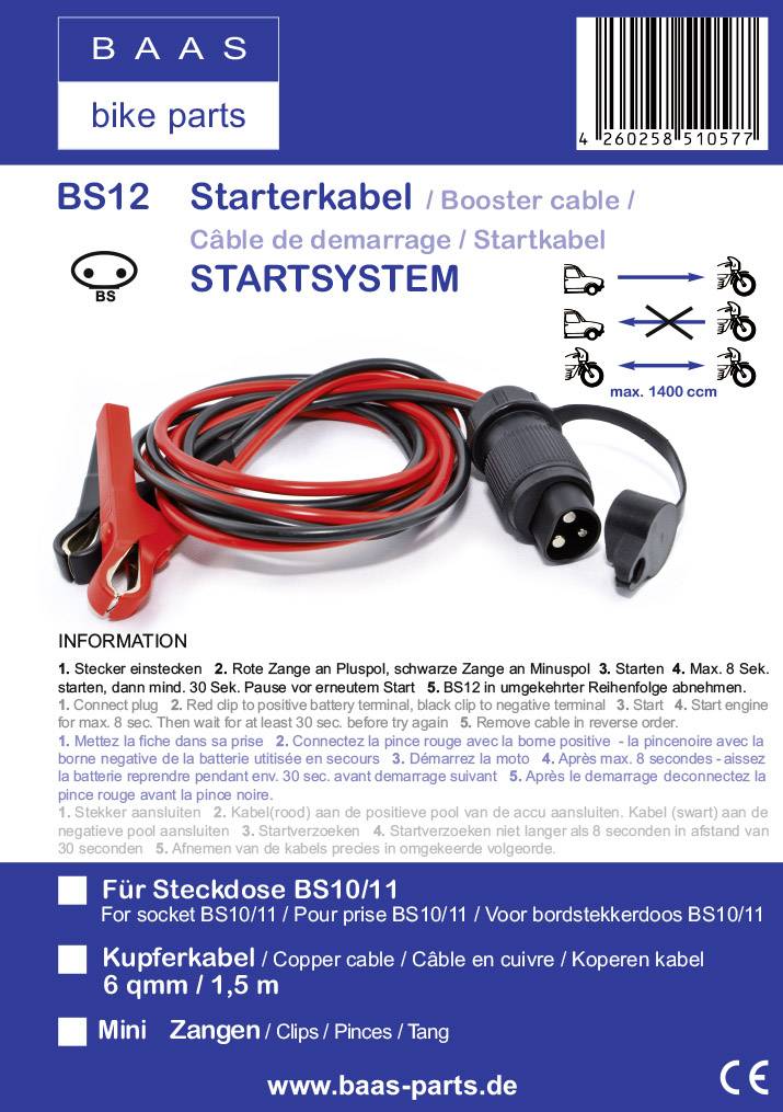 BAAS Startsystem BS12 Starthilfekabel 6mm² Kupfer 1.50m mit Stahlblech-Zangen