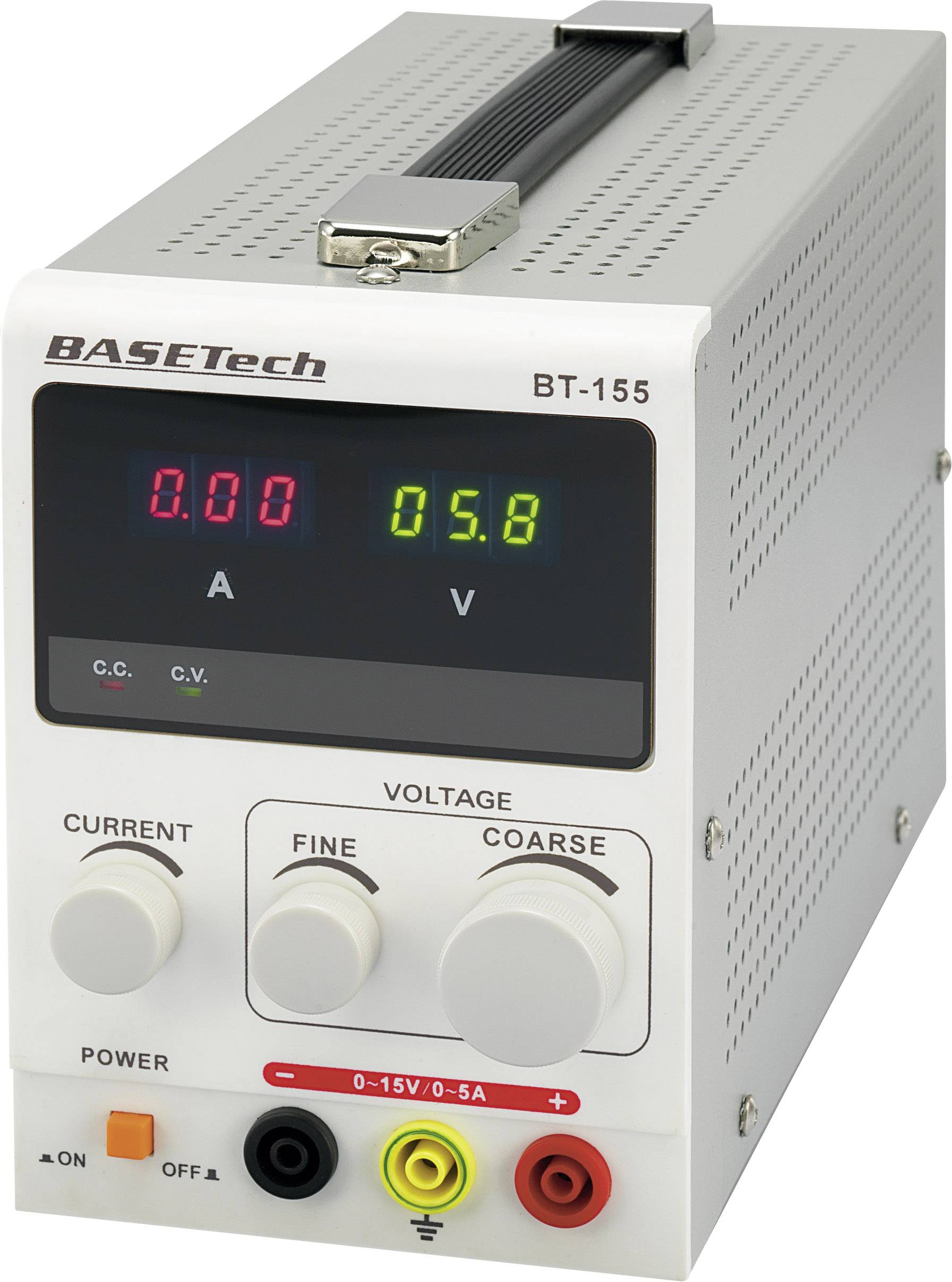 Das Bild zeigt ein graues Labornetzgerät 'BASEtech BT-155' mit digitaler Anzeige, drei Drehknöpfen zur Spannungseinstellung und Anschlüssen.