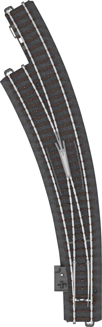 Zwei gebogene Modelleisenbahnschienen mit einem Weichenstück in der Mitte, das den Weg für einen Zugwechsel ermöglicht.