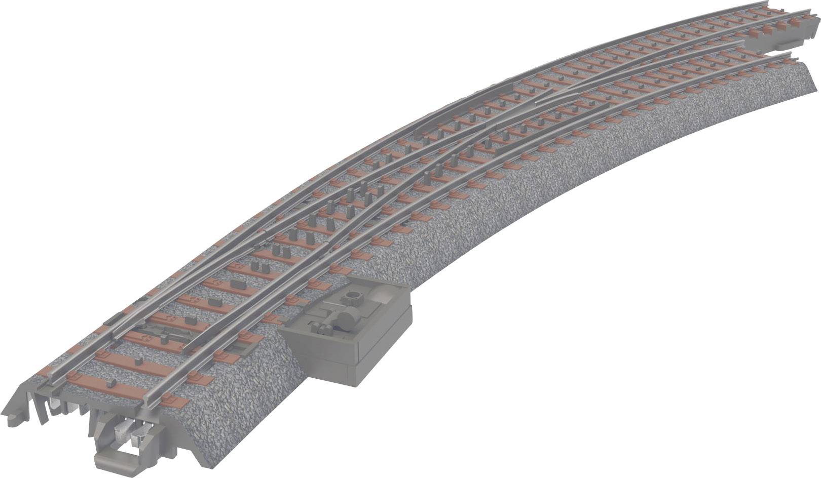 Gebogene Modelleisenbahnschiene mit zwei Gleisen und Schotterbett, geeignet für Zugmodellbauprojekte.