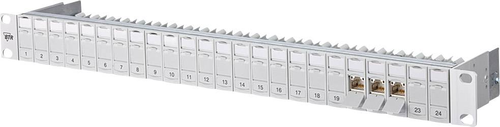 Patchpanel mit 24 Ethernet-Anschlüssen, nummeriert von 1 bis 24. Zwei Anschlüsse in der dritten Spalte sind verkabelt. Graues Gehäuse.