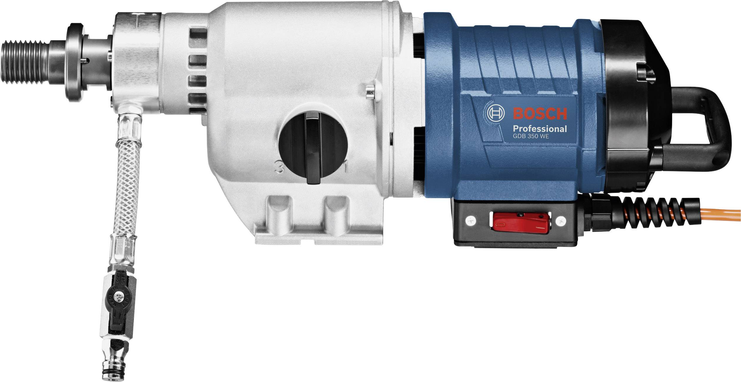 Elektrohandbohrmaschine von Bosch in blau und silber mit einem schwarzen Griff und einem roten Schalter.