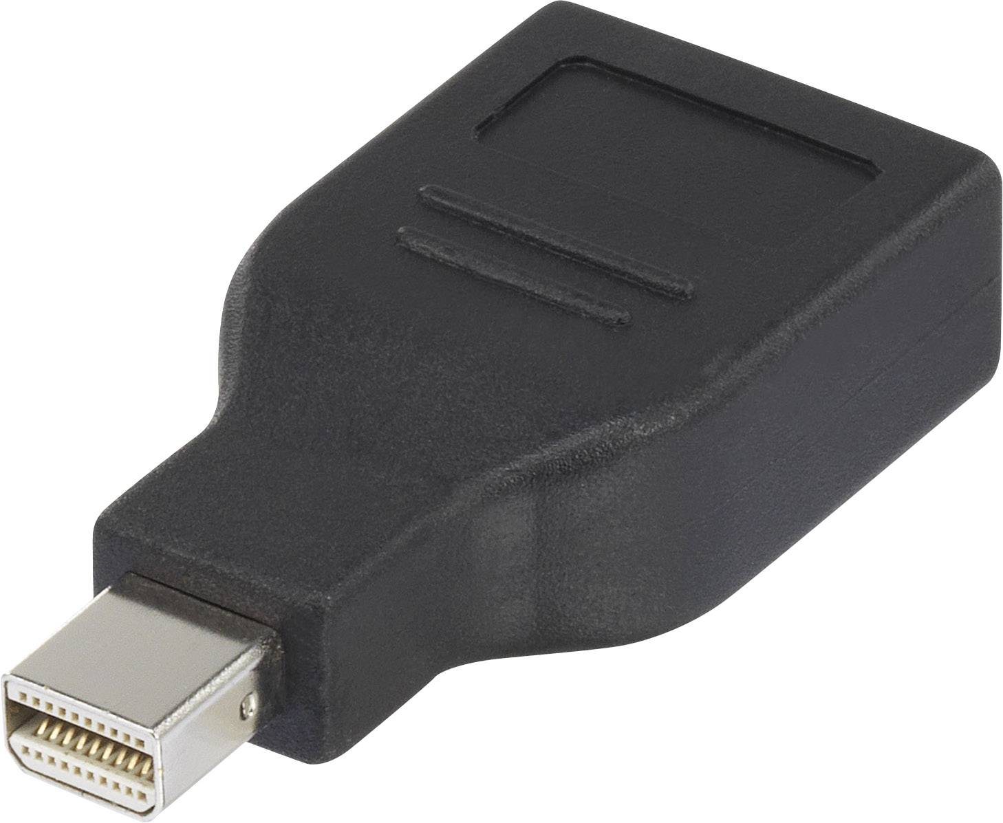 Ein schwarzer Adapter mit einem goldfarbenen HDMI-Stecker auf der einen Seite und einem Mini-DisplayPort-Eingang auf der anderen Seite.