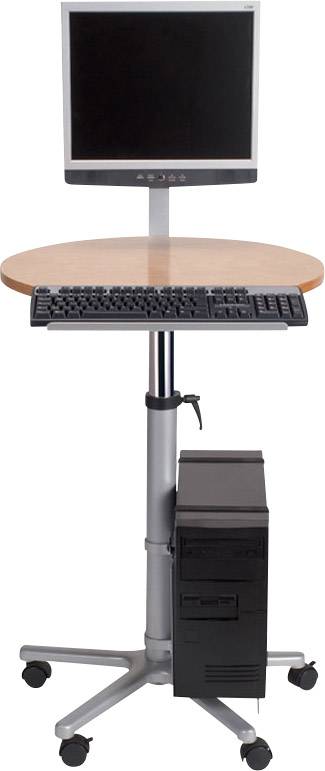 Computerarbeitsplatz mit Monitor, Tastatur und Tower auf einem mobilen, höhenverstellbaren Tisch mit Rollen.