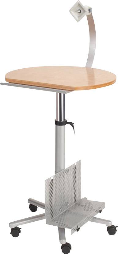 Ein höhenverstellbarer runder Computertisch mit einem Monitorarm aus Metall und Rollen zur Mobilität.