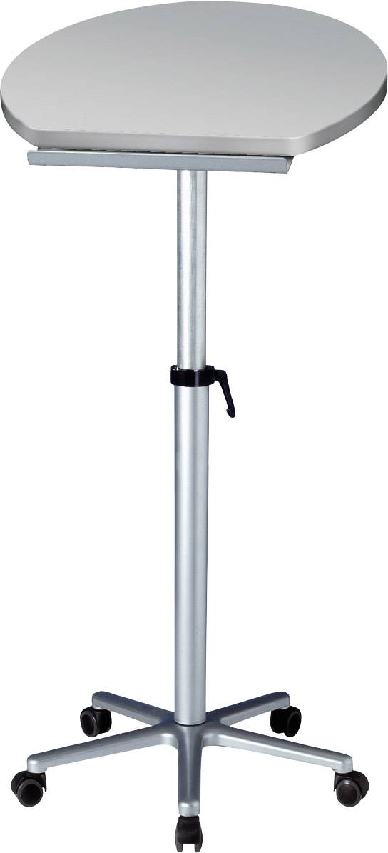 Ein schmaler, höhenverstellbarer Tisch auf Rollen mit einer ovalen Tischplatte, geeignet für Präsentationen oder Reden. Ideal für flexiblen Einsatz.