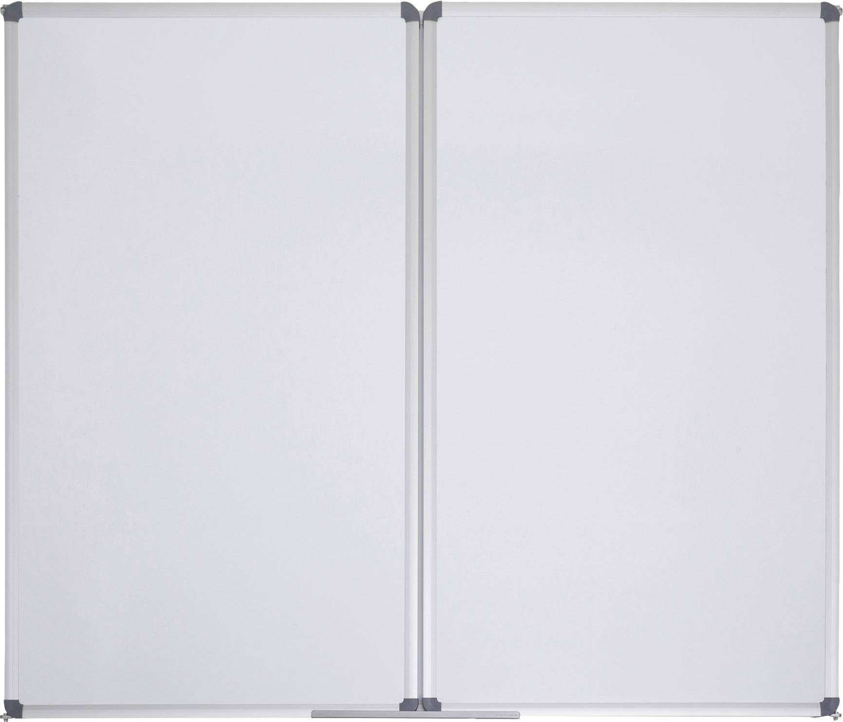 Weiße Tafel mit zwei Schiebetüren, die geschlossene Tafel eignet sich zur Präsentation oder zum Schreiben.