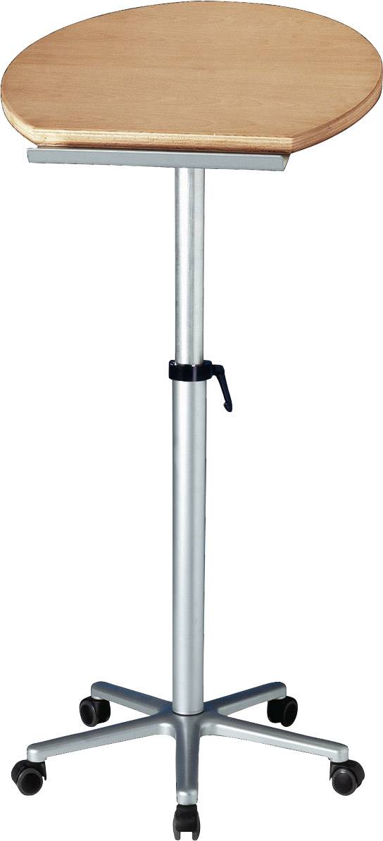Höhenverstellbarer, mobiler Tisch mit runder Holzplatte auf Metallgestell und fünf Rollen. Ideal für den flexiblen Einsatz.