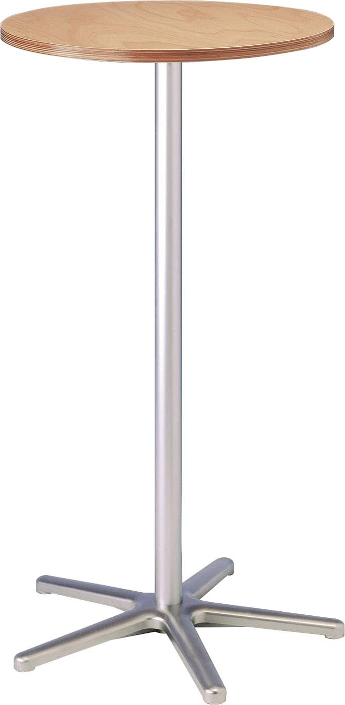 Ein hoher Stehtisch mit runder, hölzerner Tischplatte und silbernem, metallischem Fuß, geeignet für Steh-Events oder Bars.