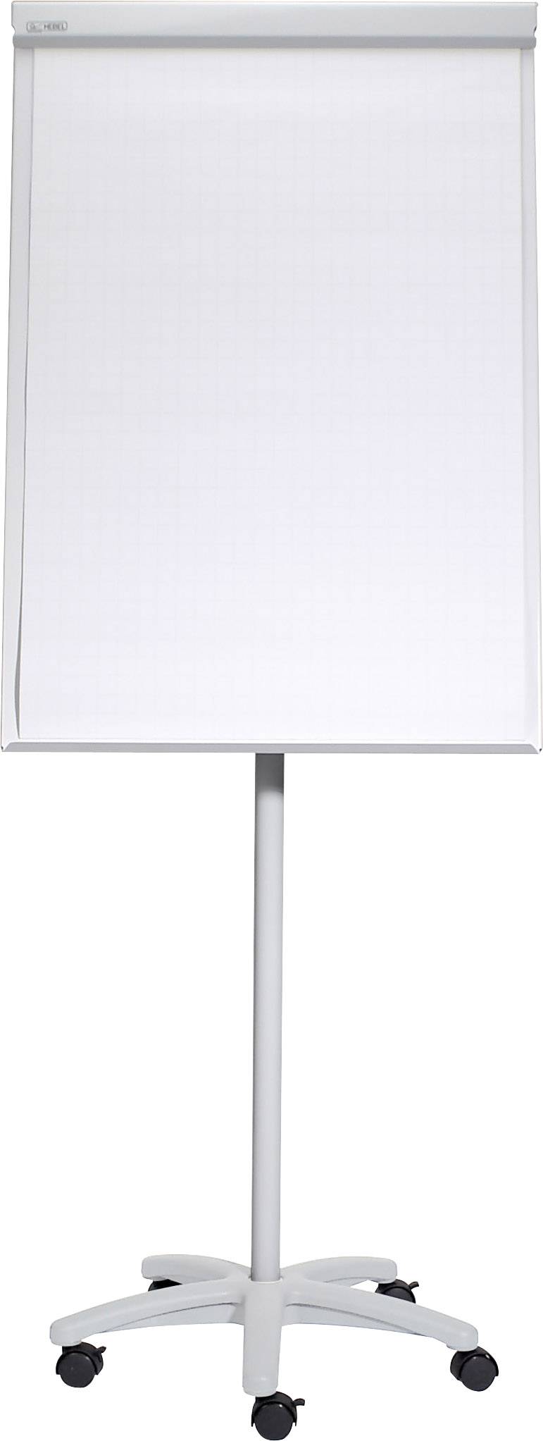Ein leeres Flipchart auf einem Ständer mit fünf Rollen, bereit zur Nutzung für Präsentationen oder Meetings.