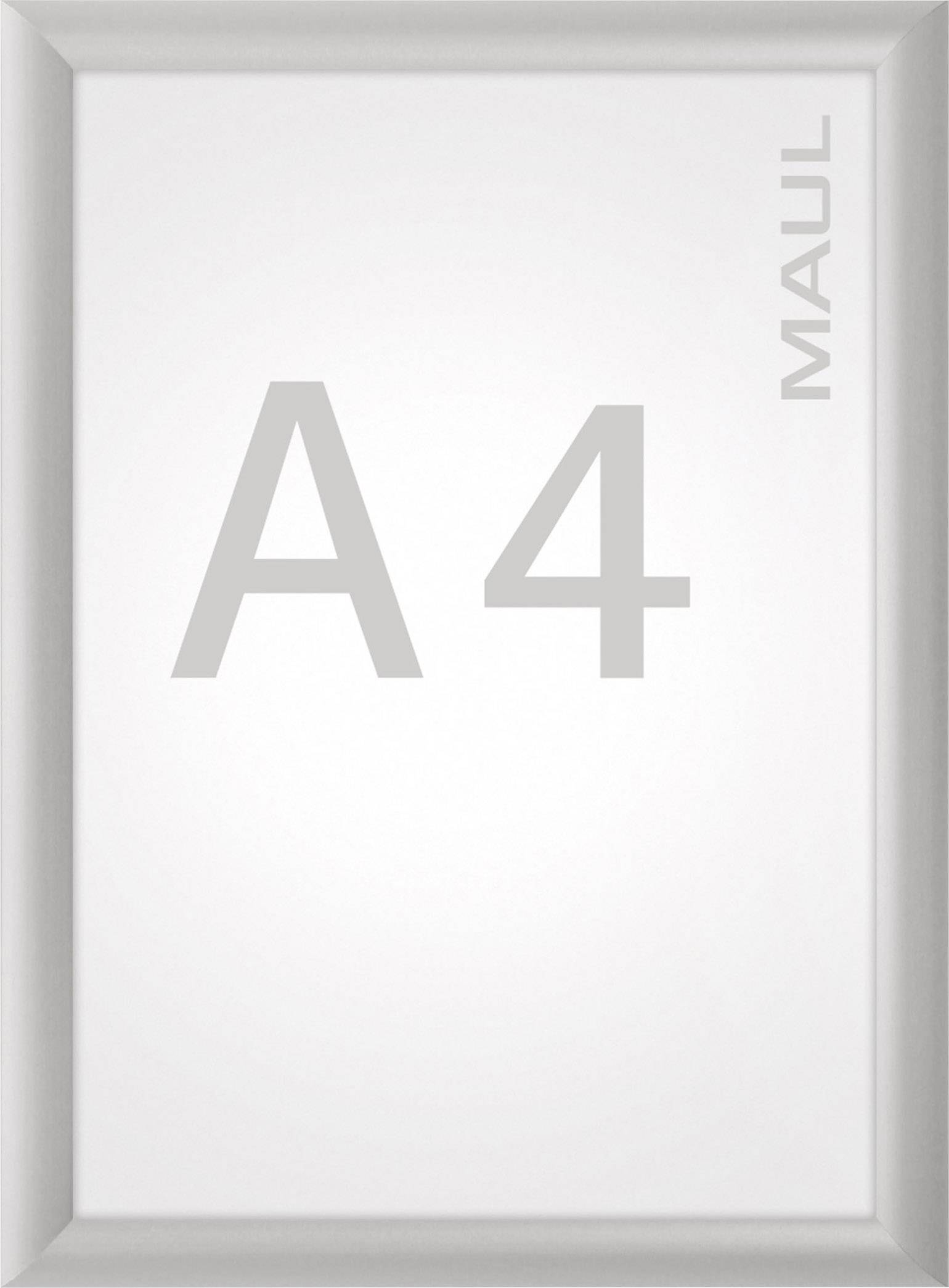 Gerahmtes leeres A4-Blatt in einem silbernen Rahmen mit der Aufschrift 'MAUL' an der rechten Seite.