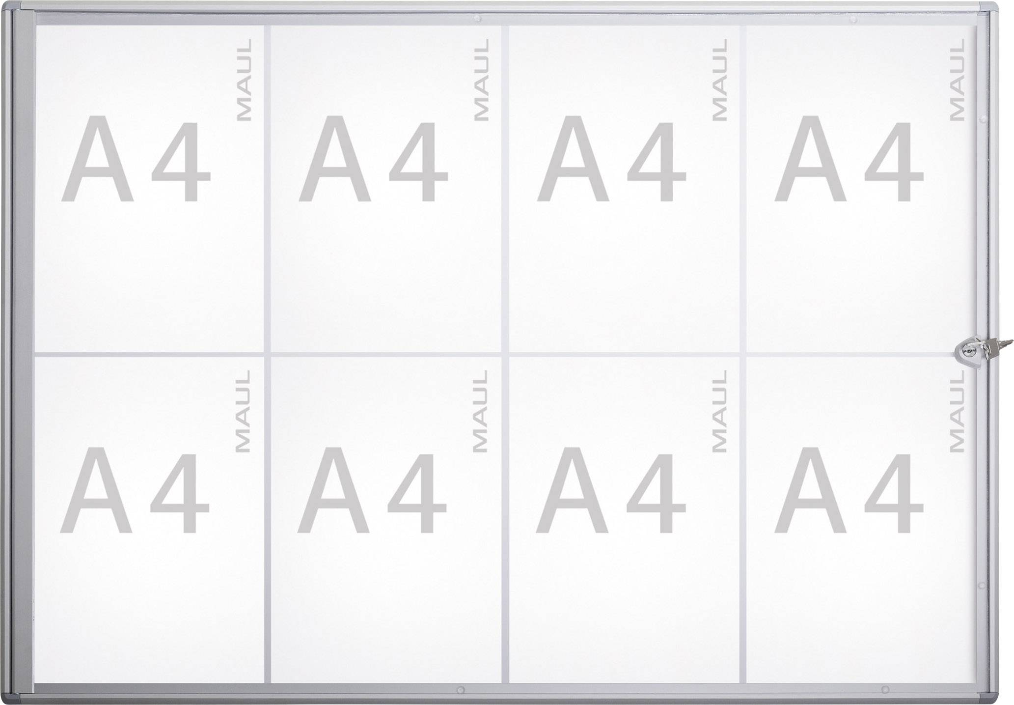 Aushangtafel mit 8 Abteilen, jedes passend für ein A4-Blatt. Jedes Abteil ist mit 'A4 MAUL' beschriftet.