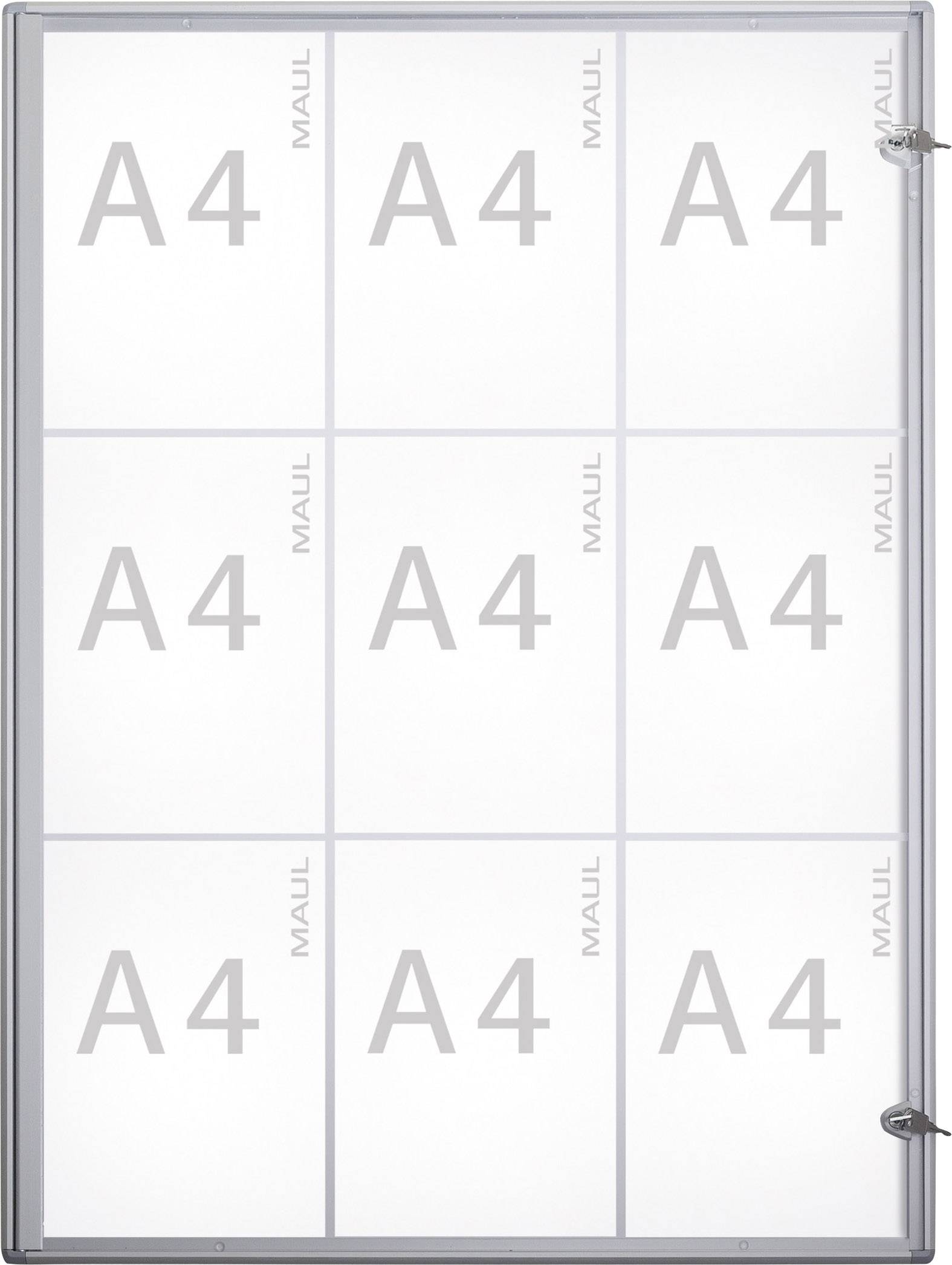 Schaukasten mit 12 Fächern, jedes Fach A4-Größe, geeignet für Informationen oder Ankündigungen. Silberner Rahmen, transparentes Frontglas.