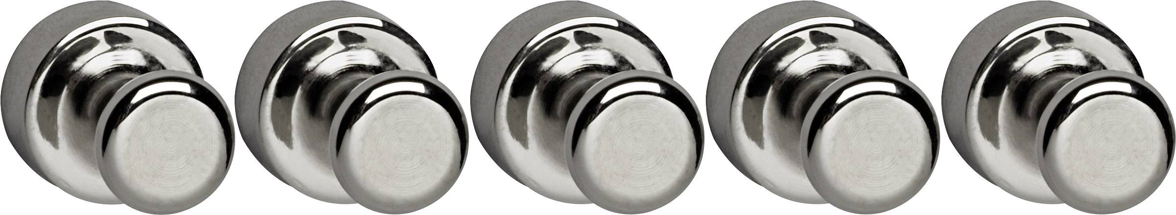 Fünf silberne Metallknöpfe nebeneinander, vermutlich Bedienknöpfe für ein Gerät oder eine Konsole.