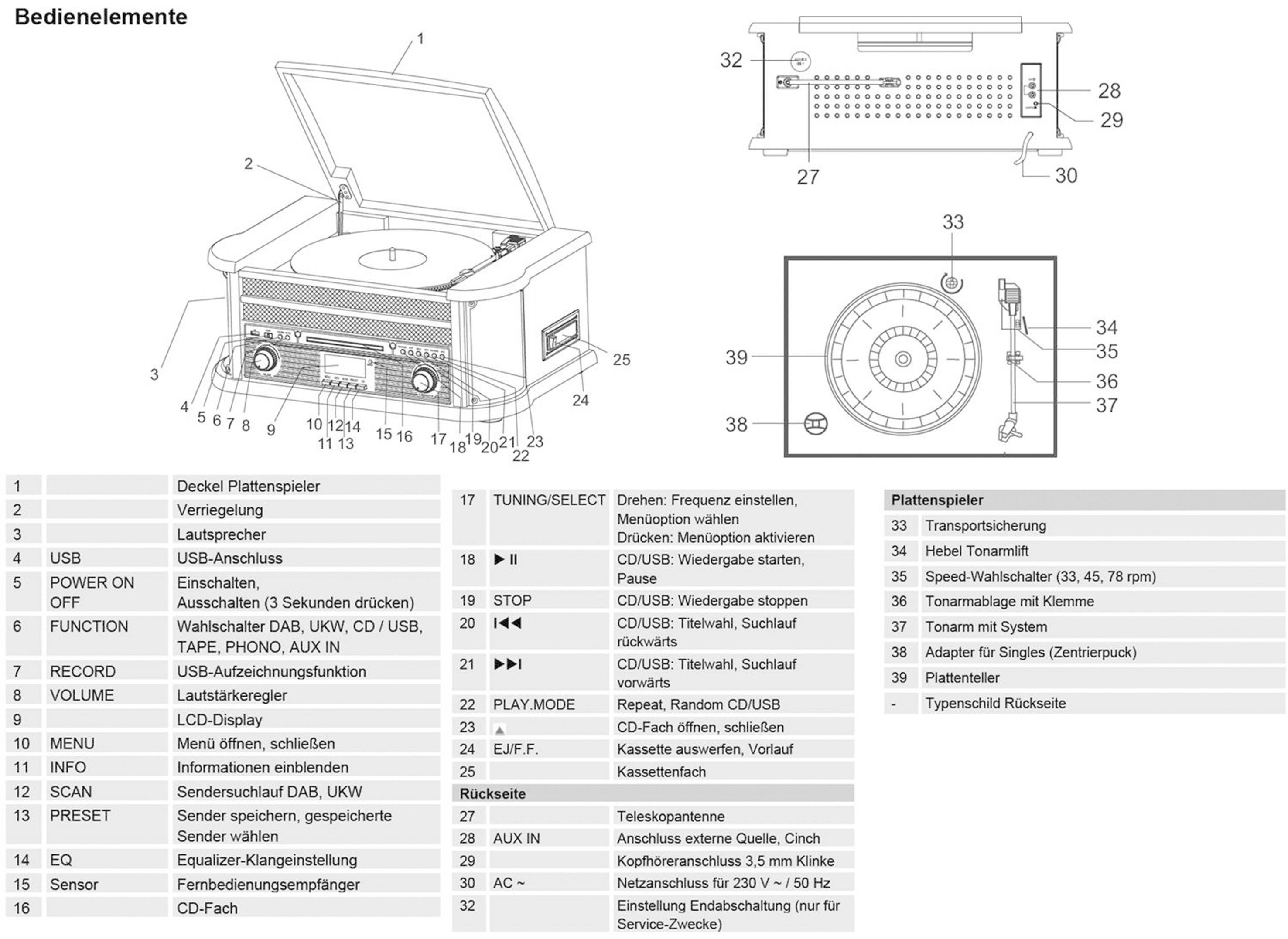 Dual NR 50 DAB Stereoanlage AUX, CD, Kassette, USB, Plattenspieler, 2 x 5W Holz