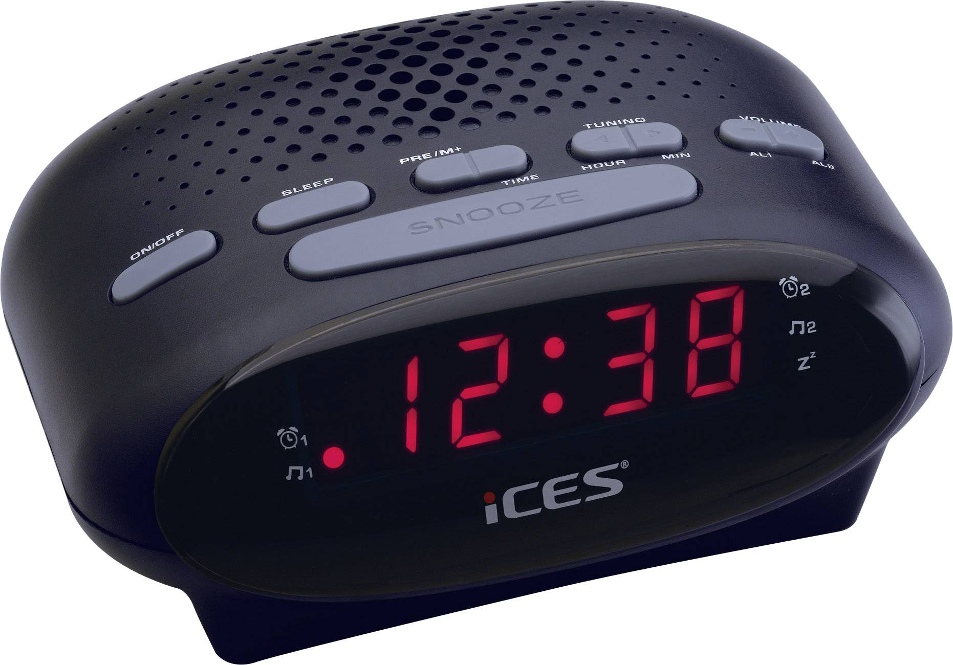 Ein digitaler Wecker mit roter LED-Anzeige zeigt die Uhrzeit 12:38 an. Oben befinden sich Tasten für Weckerfunktionen und Radio.