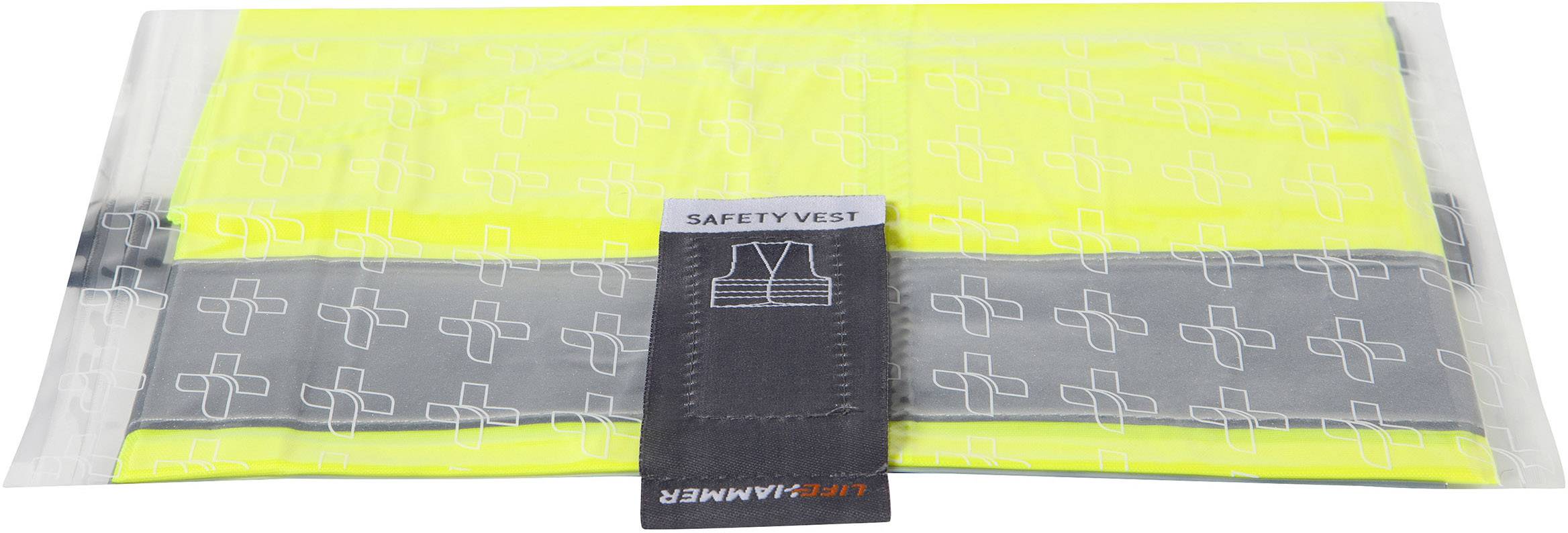 Neongelbe Sicherheitsweste in Verpackung mit reflektierenden Streifen und Muster. Label mit der Aufschrift 'Safety Vest'.