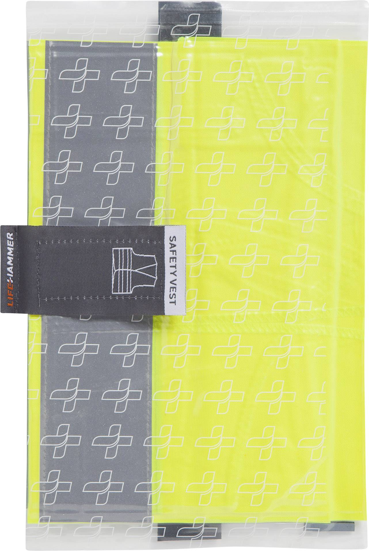 Gelbes Sicherheitsweste-Set in transparenter Verpackung mit grauem Streifen und weißen geometrischen Mustern.