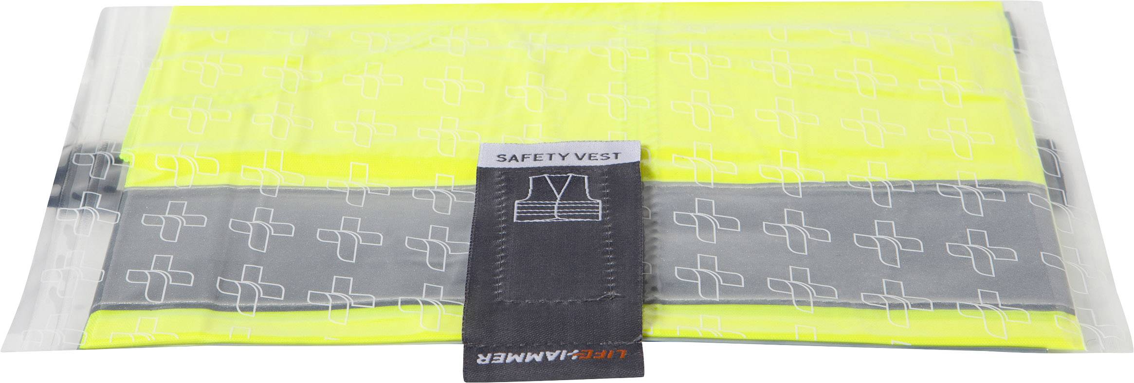 Eine gefaltete gelbe Sicherheitsweste mit reflektierendem Streifen und Verpackung mit der Aufschrift 'Safety Vest'.