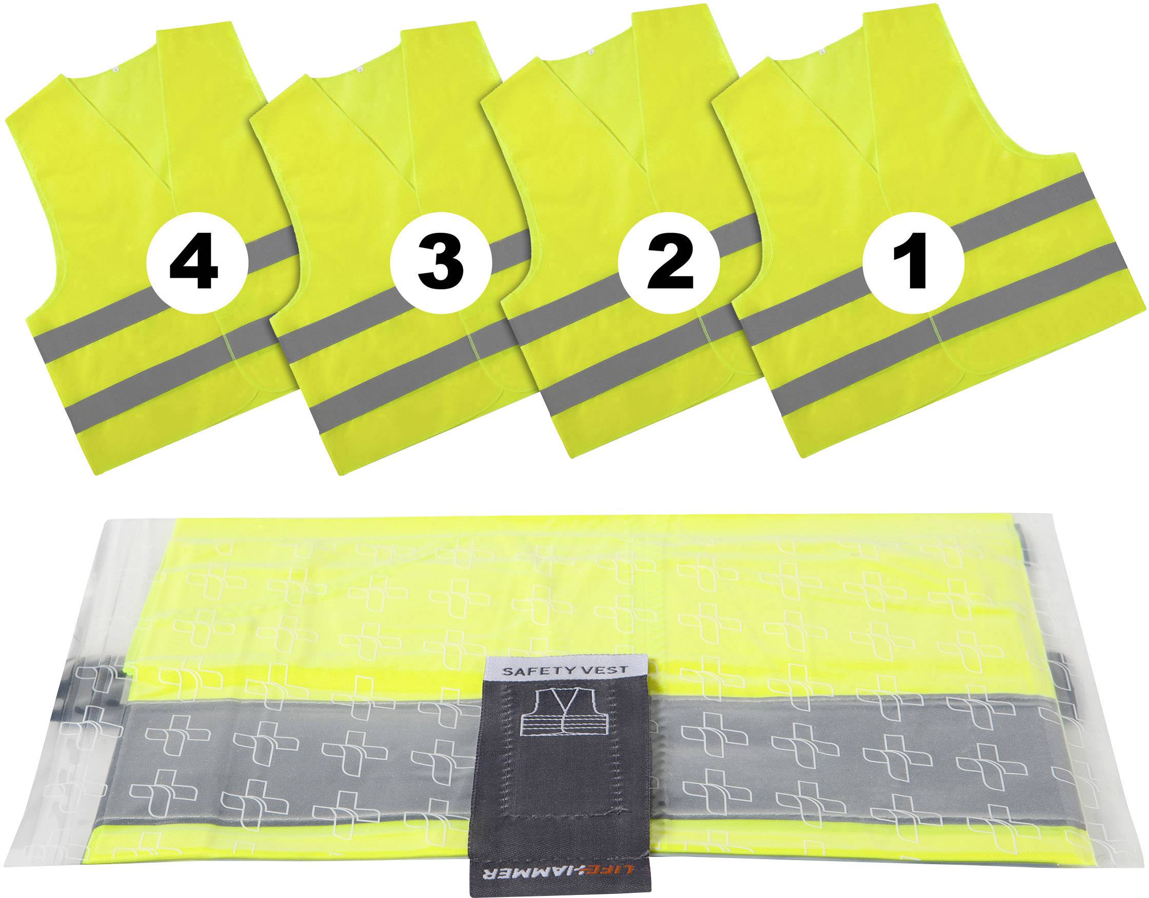 Vier gelbe Warnwesten, nummeriert 1 bis 4, mit reflektierenden Streifen oben. Unten: verpackte Weste mit Etikett 'Safety Vest'.