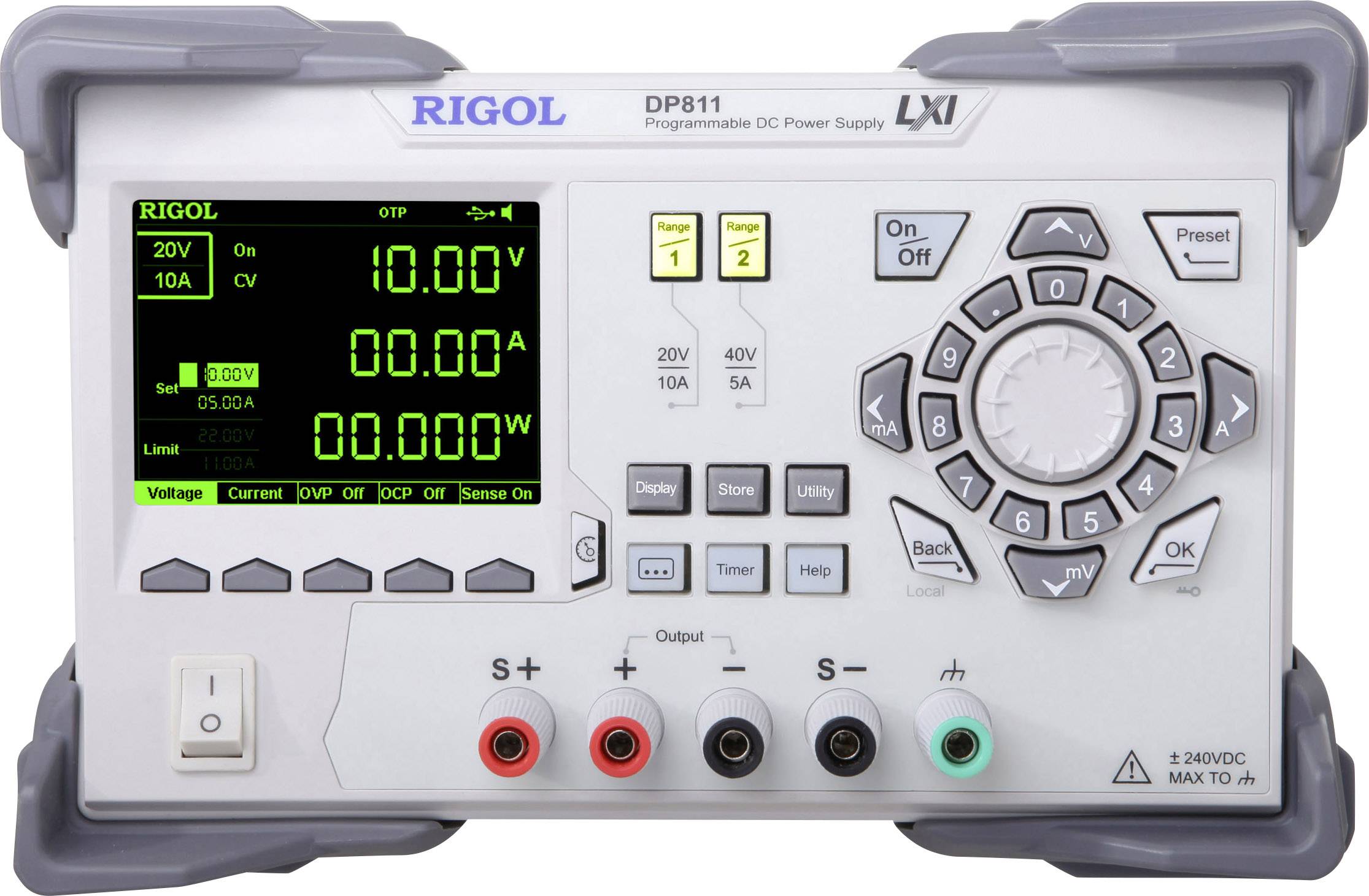 'RIGOL DP811 programmierbares DC-Netzgerät' zeigt Spannungs- und Stromwerte auf dem Display. Regler und Anschlüsse befinden sich unten.