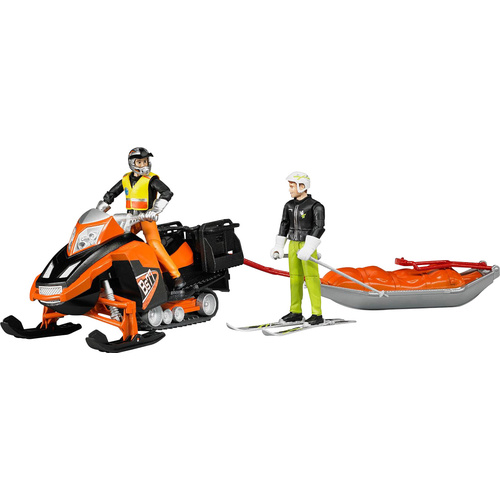 Bruder Bergrettungs-Set mit Snowmobil, Fahrer, Rettungsschlitten und Skifahrer