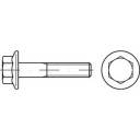 Technische Zeichnung einer Schraube mit Sechskantkopf links, und einer passenden Mutter rechts, beide in Draufsicht dargestellt.