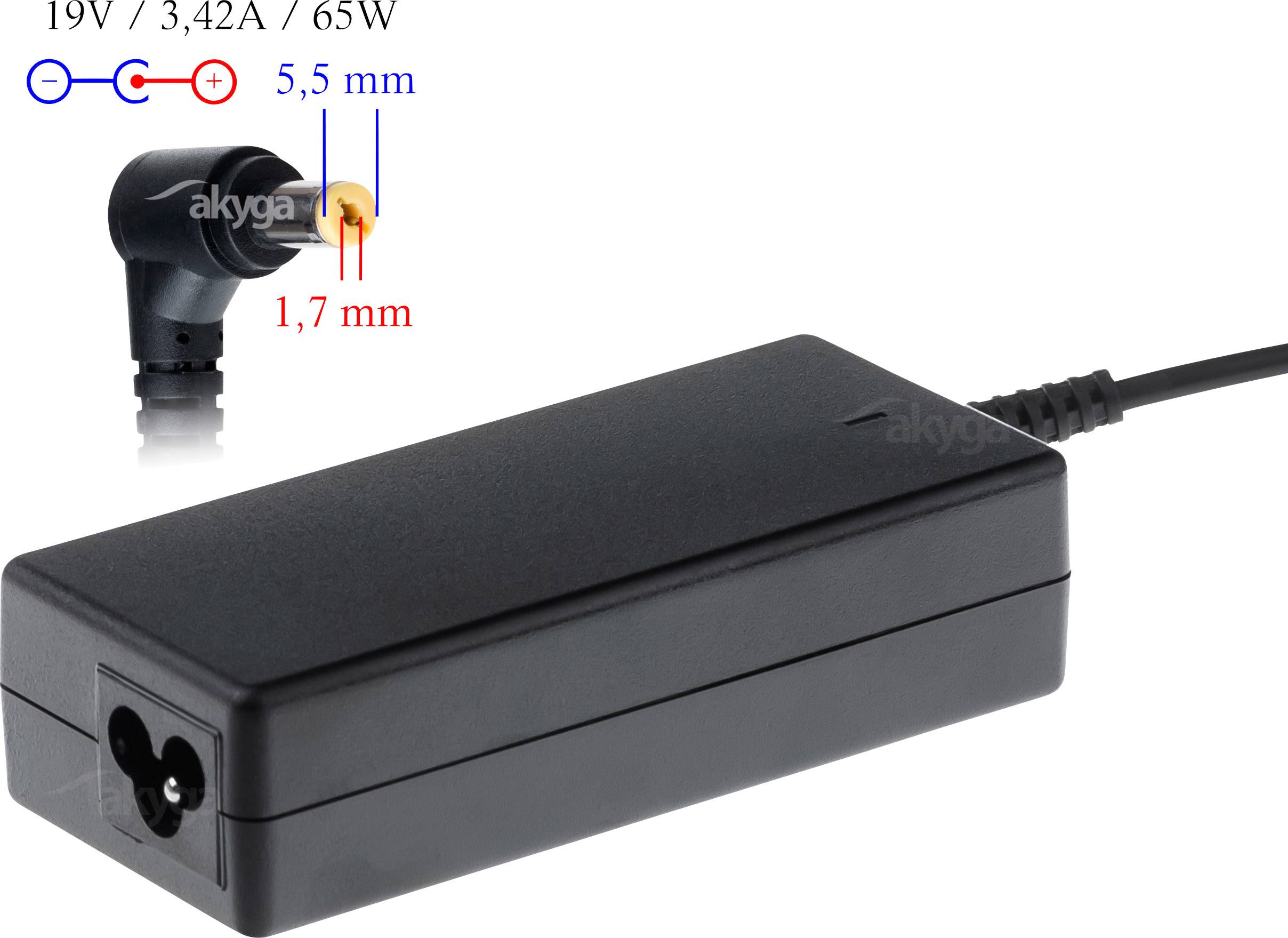 Schwarzes Netzteil mit Kabel. Kennzeichnung: '19V, 3,42A, 65W'. Abgebildeter Stecker: 5,5 mm außen, 1,7 mm innen.