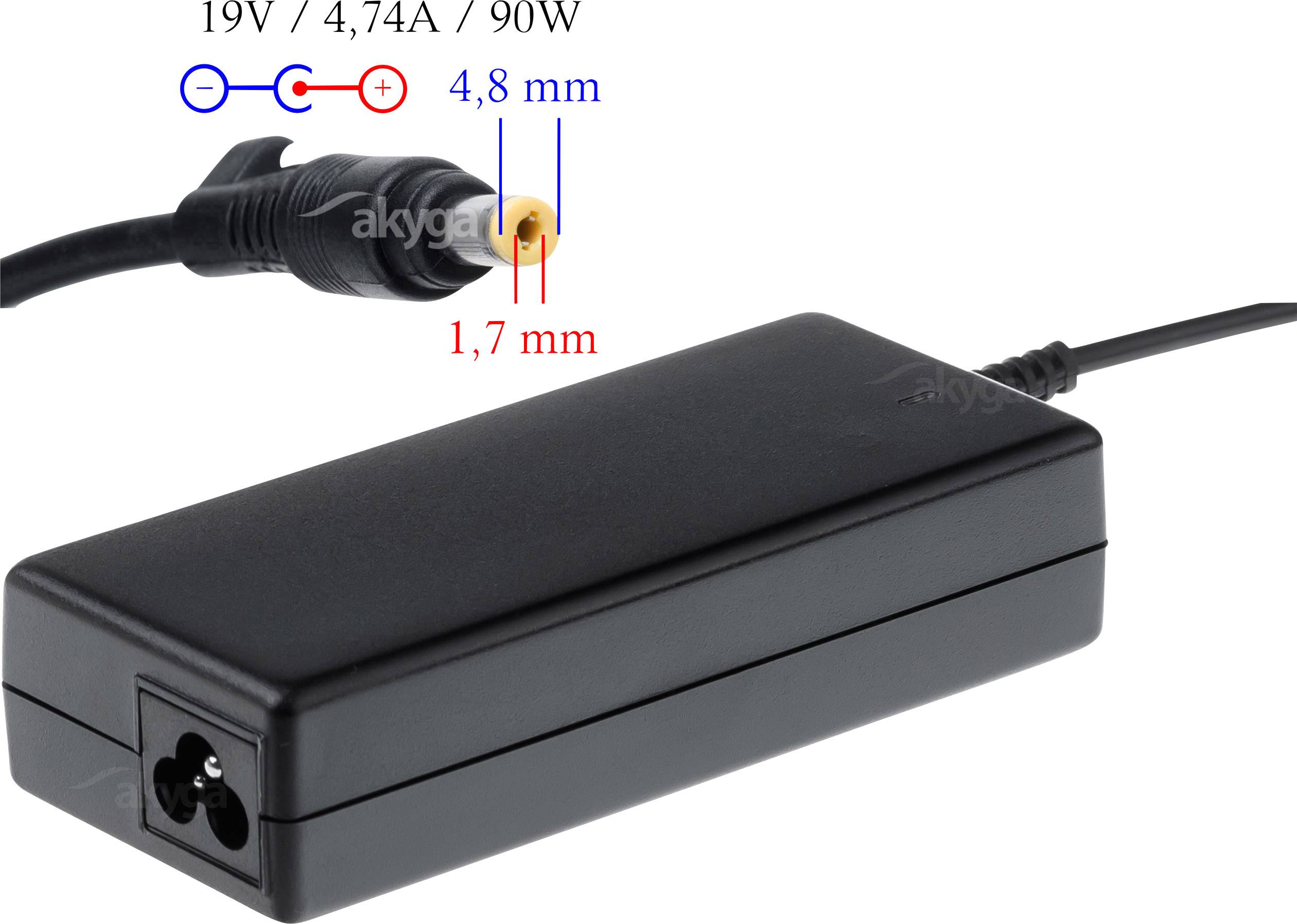 Schwarzes Laptop-Netzteil mit Stecker. Spannung: 19V, Stromstärke: 4,74A, Leistung: 90W. Steckermaße: 4,8 mm außen, 1,7 mm innen.